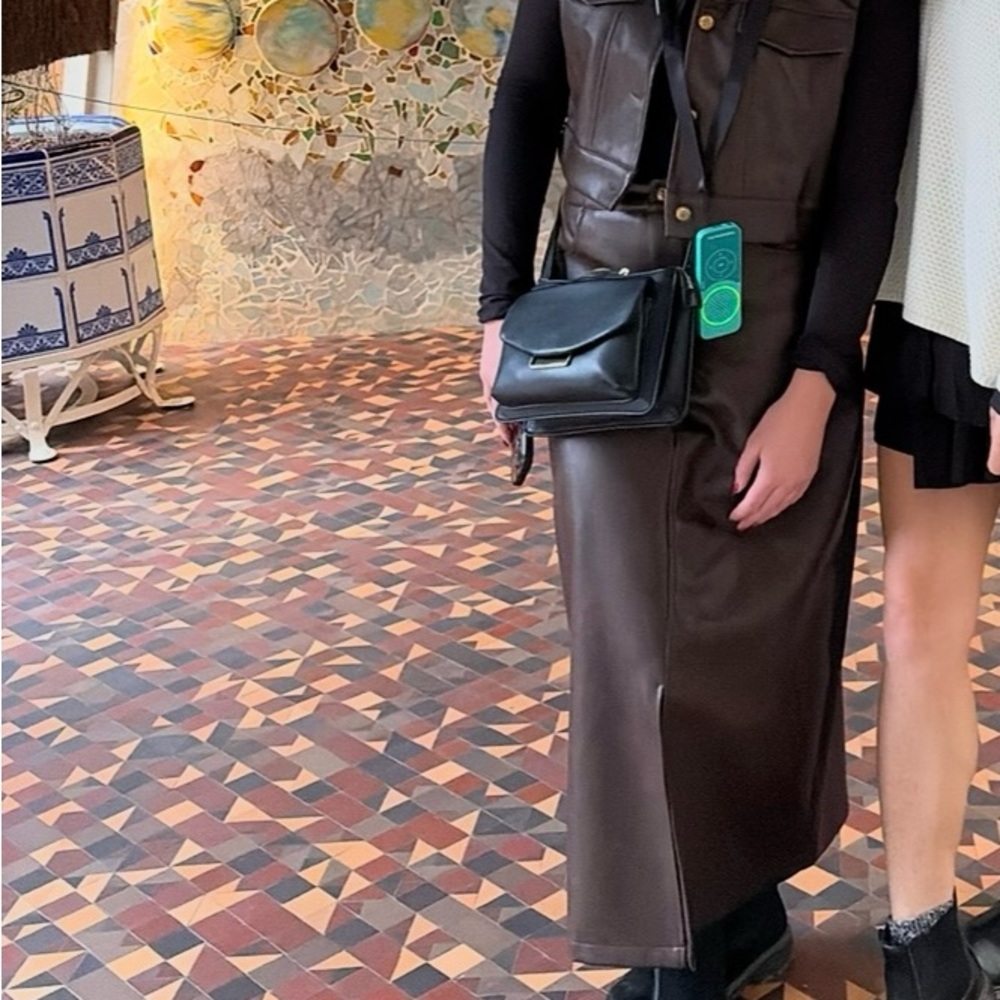 Brown Leather Maxi Dress with Black Bag